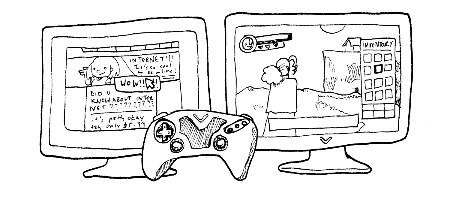 Illustration of a computer and a TV with a game on it behind a controller